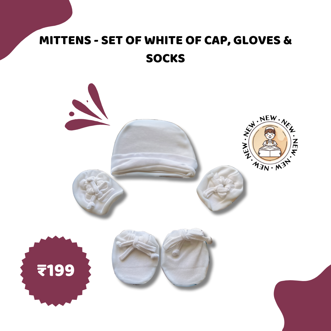 Newborn Baby Mittens Set – Gloves, Socks & Cap | 0-3 Months | Soft Cotton | White | Unisex Essentials